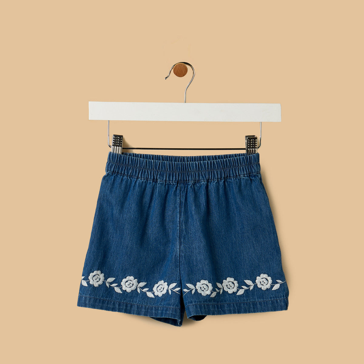 MAX-Floral Embroidered Denim Shirt and Shorts Set