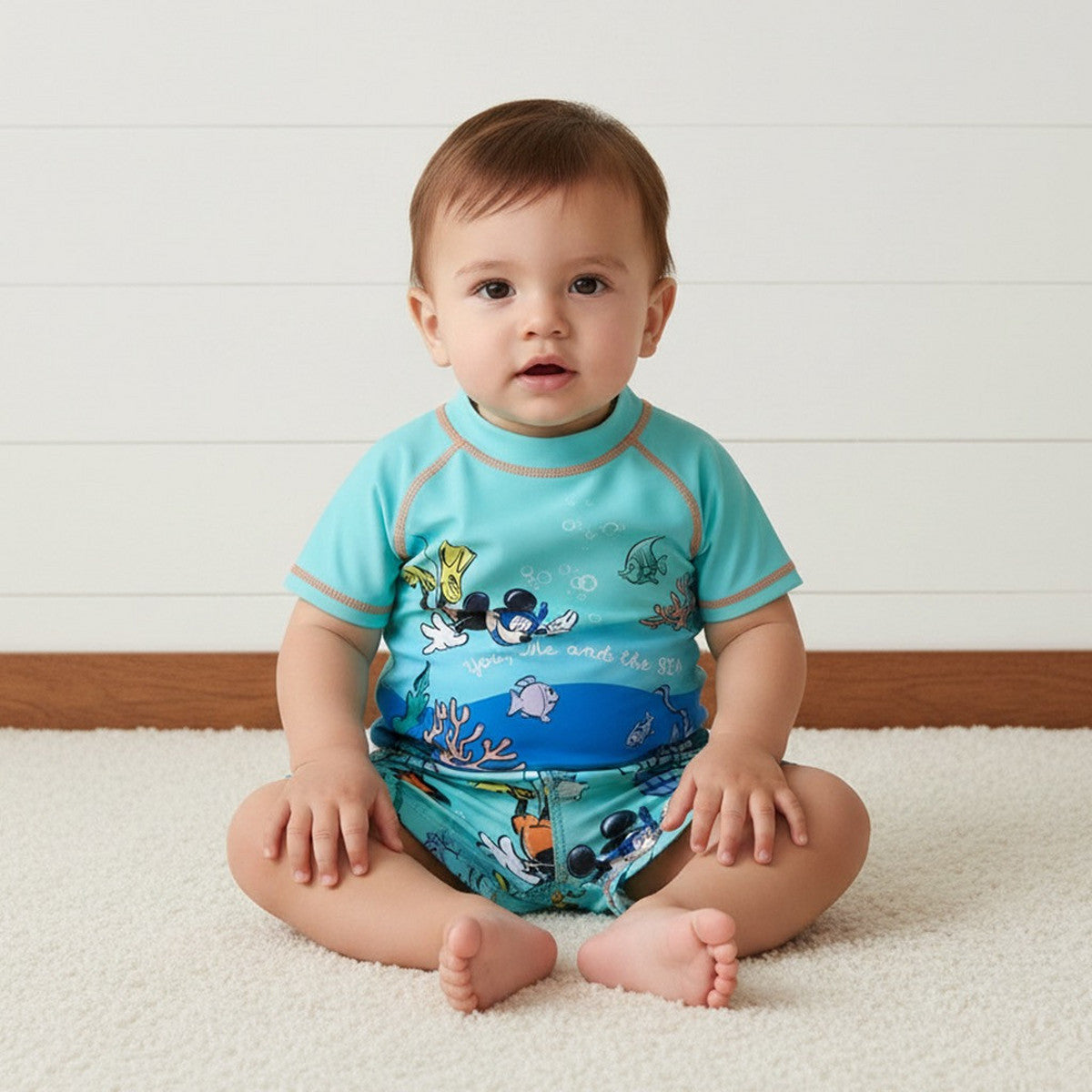 MAX-Mickey Mouse Print Rashguard Set with Hat