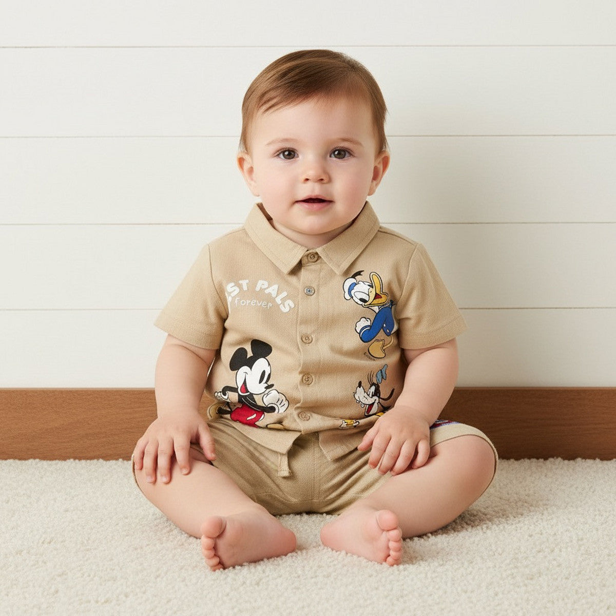 MAX-Mickey Mouse and Friends Print Cotton Shirt and Shorts Set
