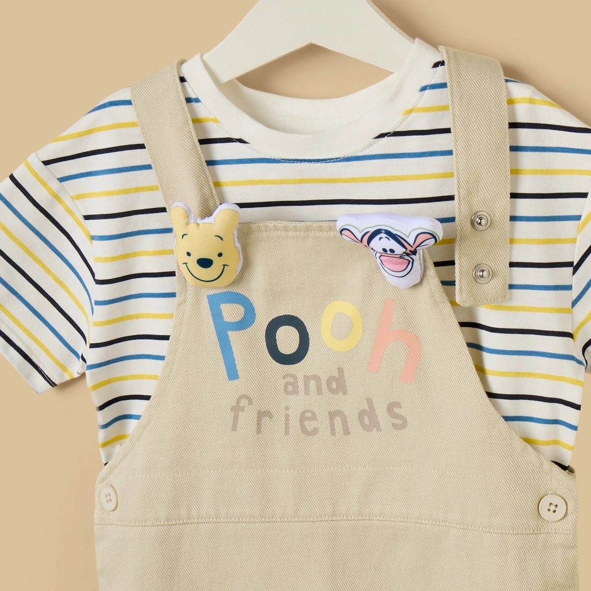 MAX-Winnie the Pooh Print Dungaree and Striped T-shirt Set