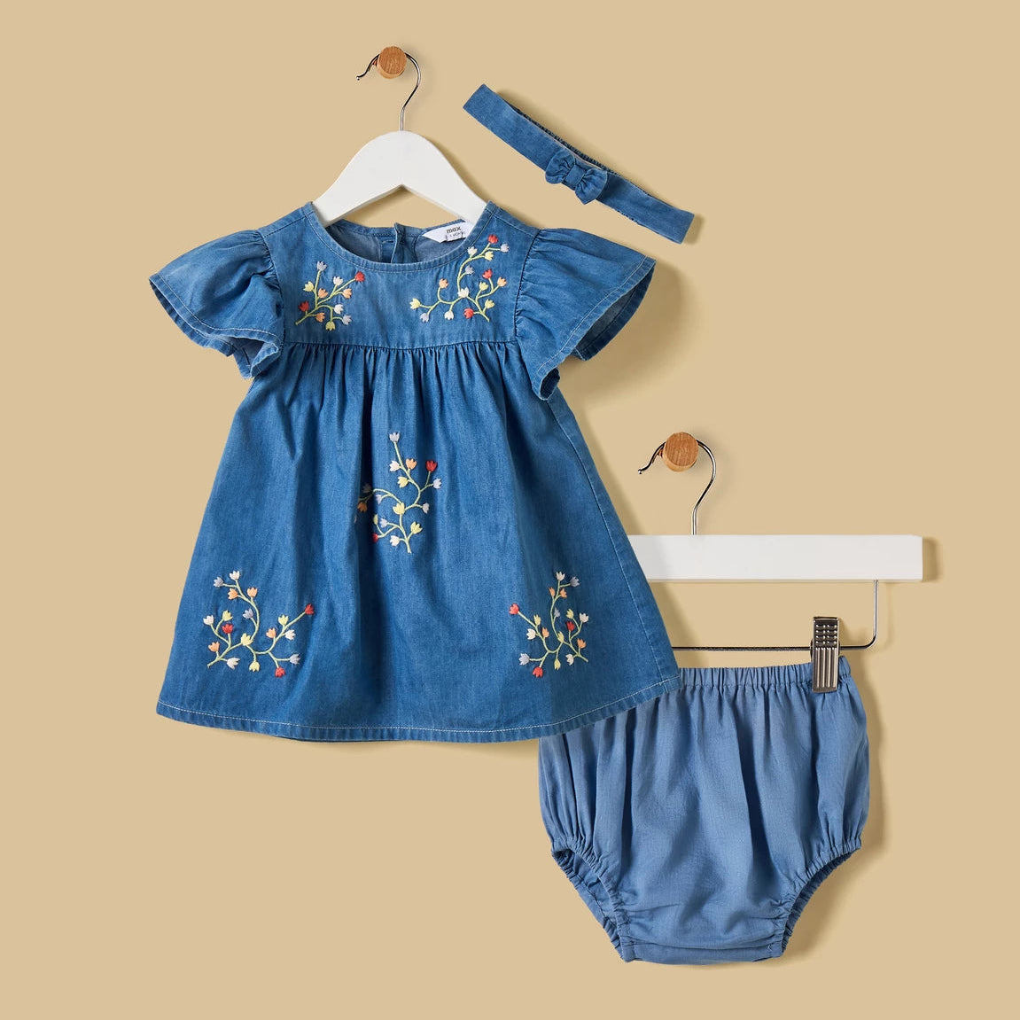 MAX-Floral Embroidered Denim Dress with Bloomers and Headband