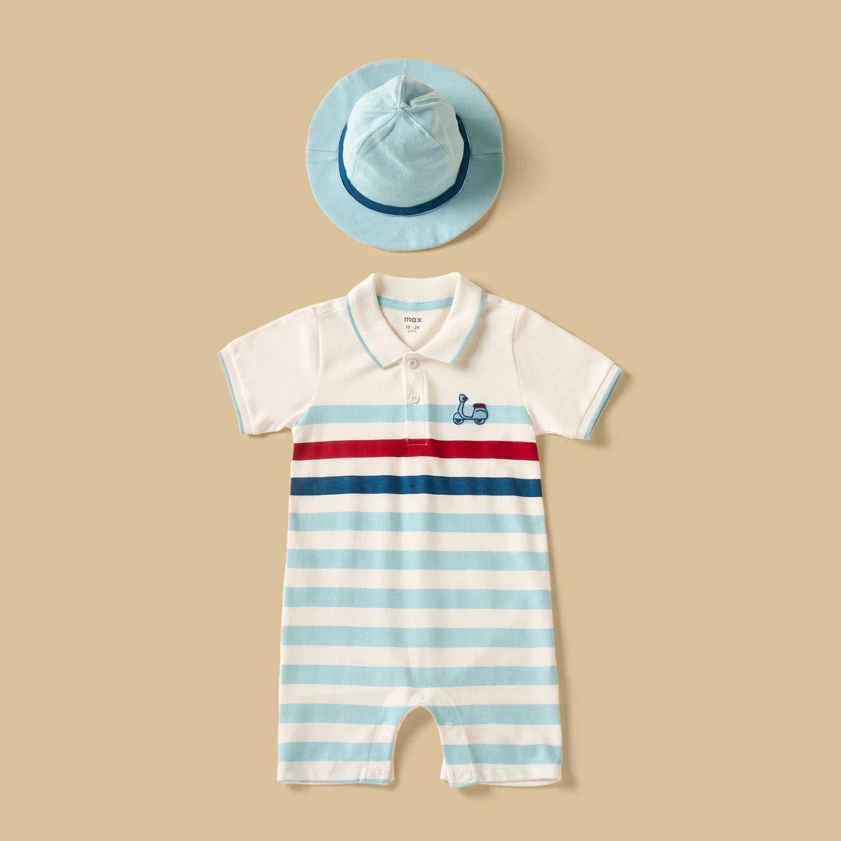MAX - Striped Pique Cotton Polo Romper with Hat