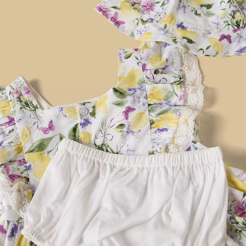 MAX-Lemon Print Sleeveless Dress with Bloomers and Cap