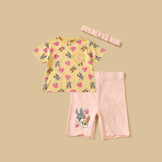 MAX-Looney Tunes Print Cotton T-shirt with Shorts and Headband