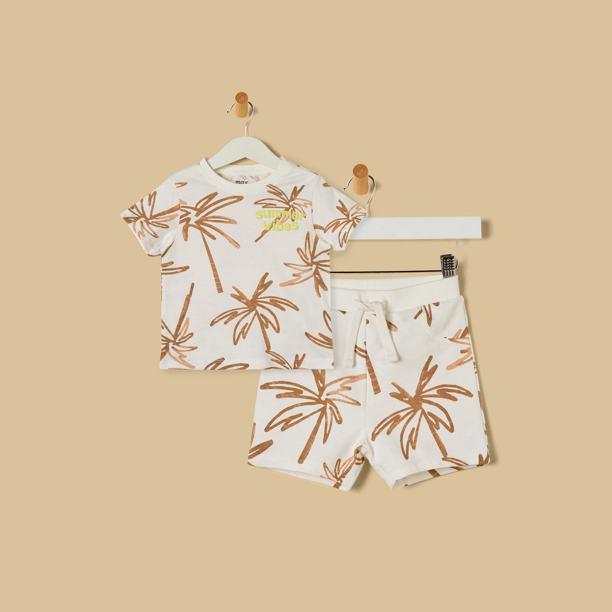 MAX-Palm Print Cotton T-shirt and Shorts Set