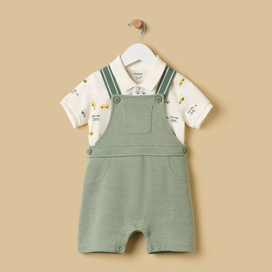 MAX-Car Print Polo T-shirt and Dungaree Set