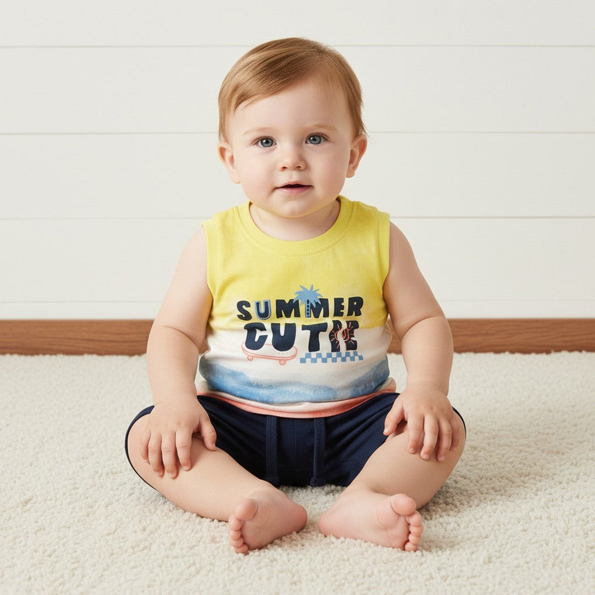 MAX-Graphic Print Sleeveless Cotton T-shirt and Shorts Set