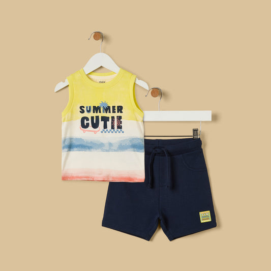 MAX-Graphic Print Sleeveless Cotton T-shirt and Shorts Set
