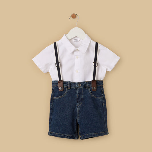 MAX-Plain Shirt with Denim Shorts and Suspenders