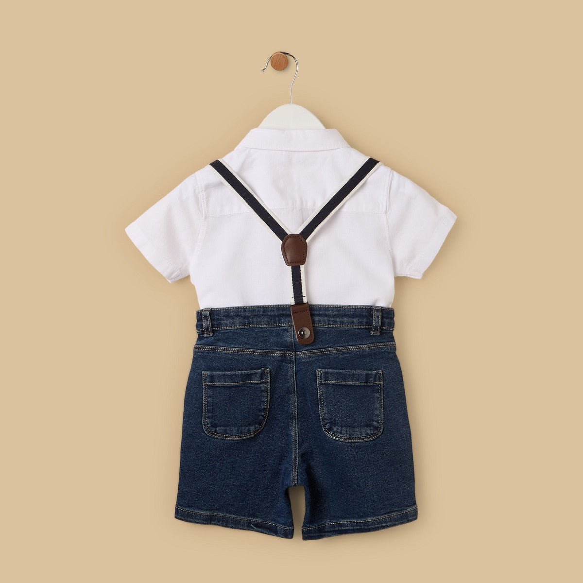 MAX-Plain Shirt with Denim Shorts and Suspenders