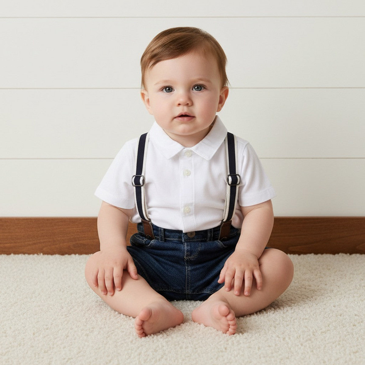 MAX-Plain Shirt with Denim Shorts and Suspenders