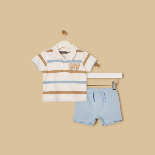 Max-Bear Applique Striped Polo T-shirt and Shorts Set