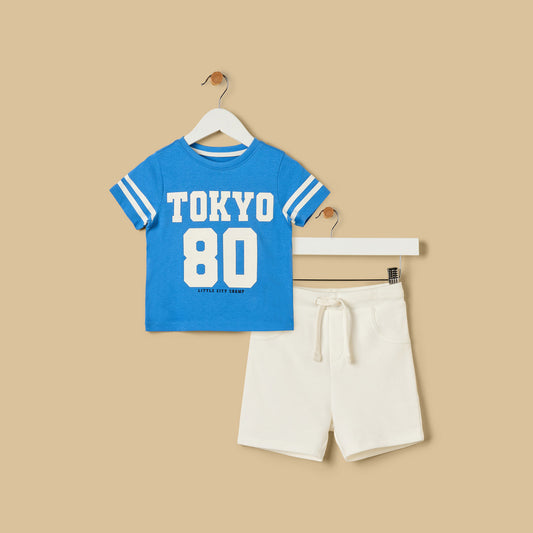 MAX-Tokyo Varsity Print Cotton T-shirt and Shorts Set