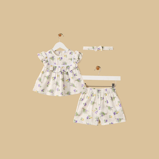 MAX-Floral Print Top with Shorts and Headband