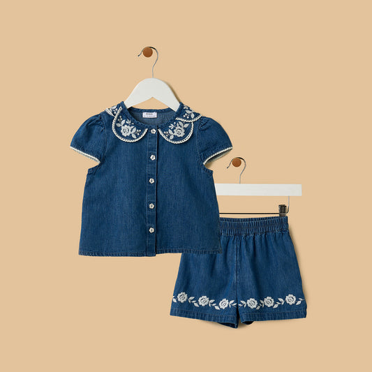 MAX-Floral Embroidered Denim Shirt and Shorts Set