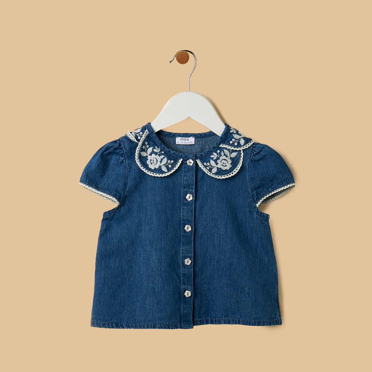 MAX-Floral Embroidered Denim Shirt and Shorts Set