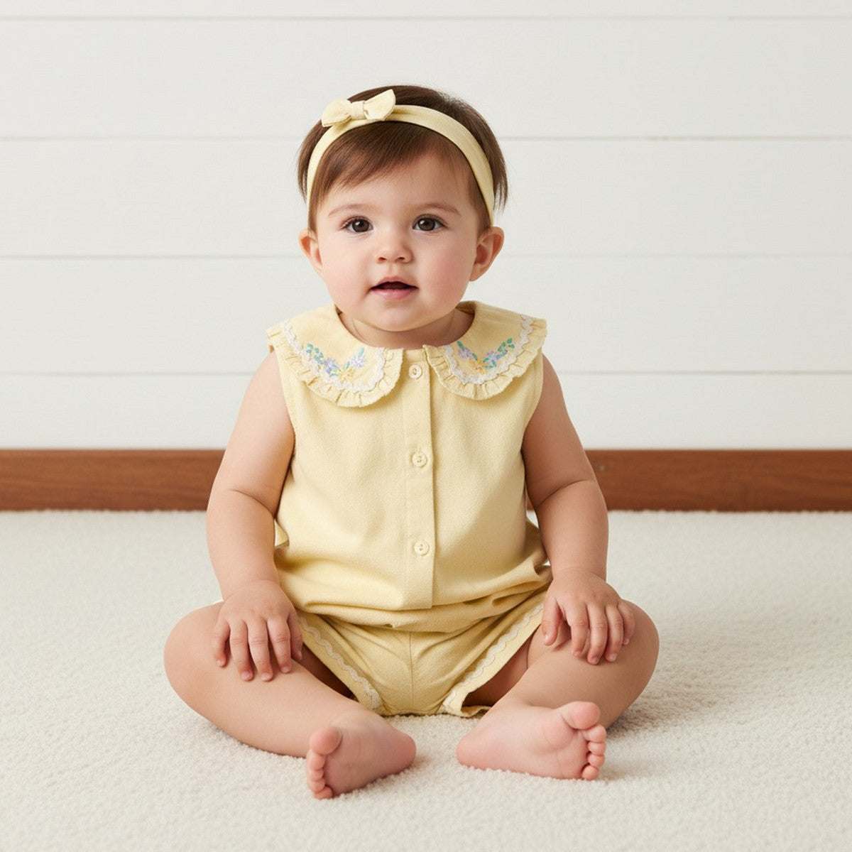 MAX-Floral Embroidered Cotton Top with Shorts and Hairband