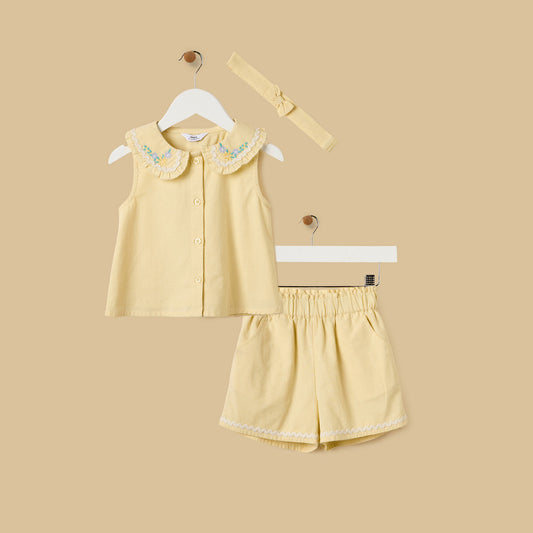 MAX-Floral Embroidered Cotton Top with Shorts and Hairband