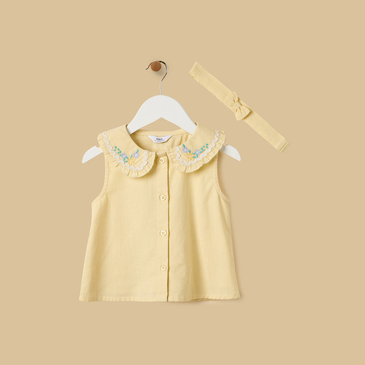 MAX-Floral Embroidered Cotton Top with Shorts and Hairband