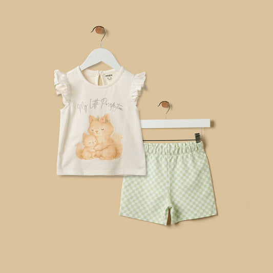 MAX-Cat Print Cotton Top and Shorts Set