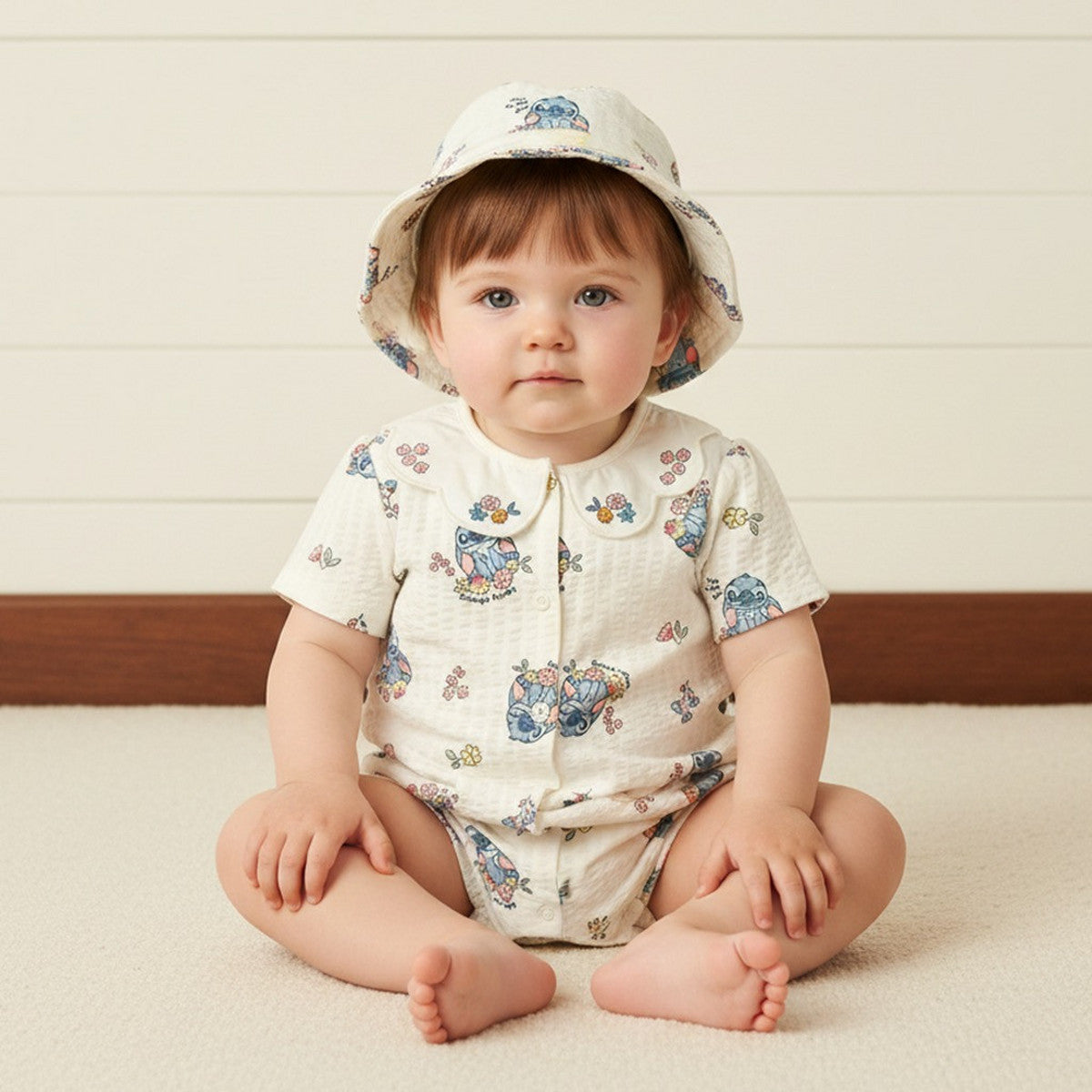 MAX-Stitch Print Cotton Romper with Cap