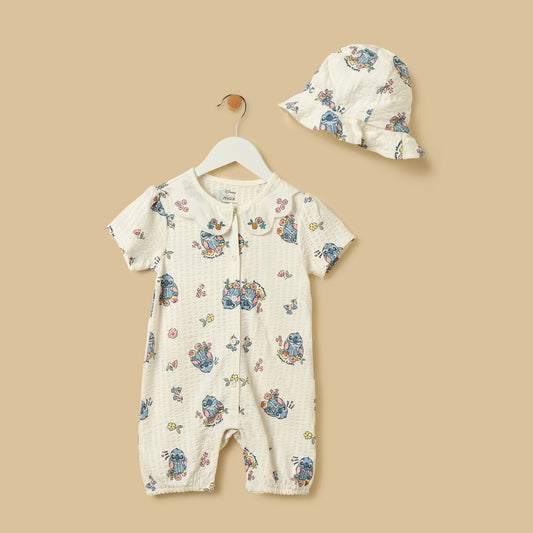 MAX-Stitch Print Cotton Romper with Cap