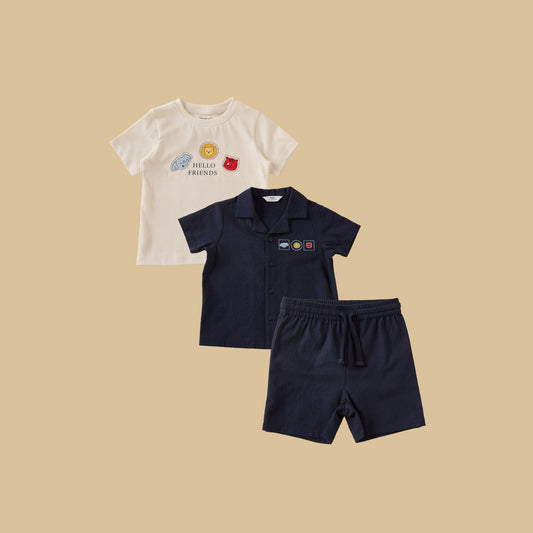 MAX-Graphic Print Cotton Shirt with T-shirt and Shorts
