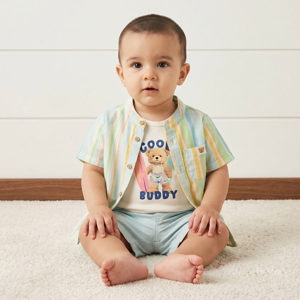 MAX-Striped Shirt with Bodysuit and Shorts