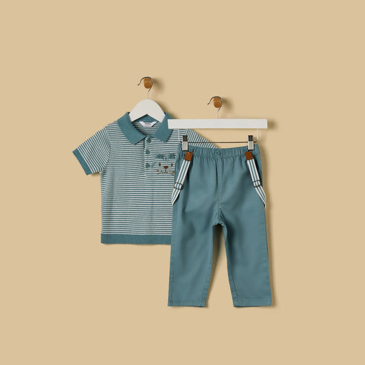 MAX-Striped Polo T-shirt with Pants and Suspenders