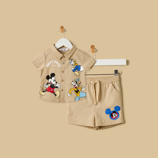 MAX-Mickey Mouse and Friends Print Cotton Shirt and Shorts Set