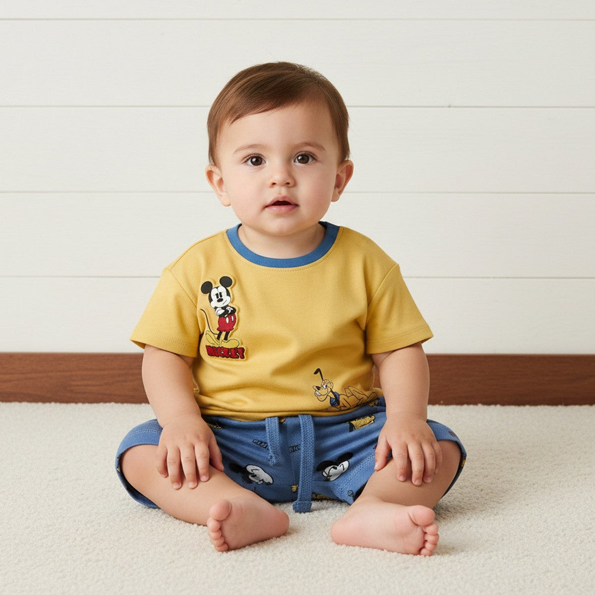 MAX-Mickey Mouse and Pluto Print Cotton T-shirt and Shorts Set