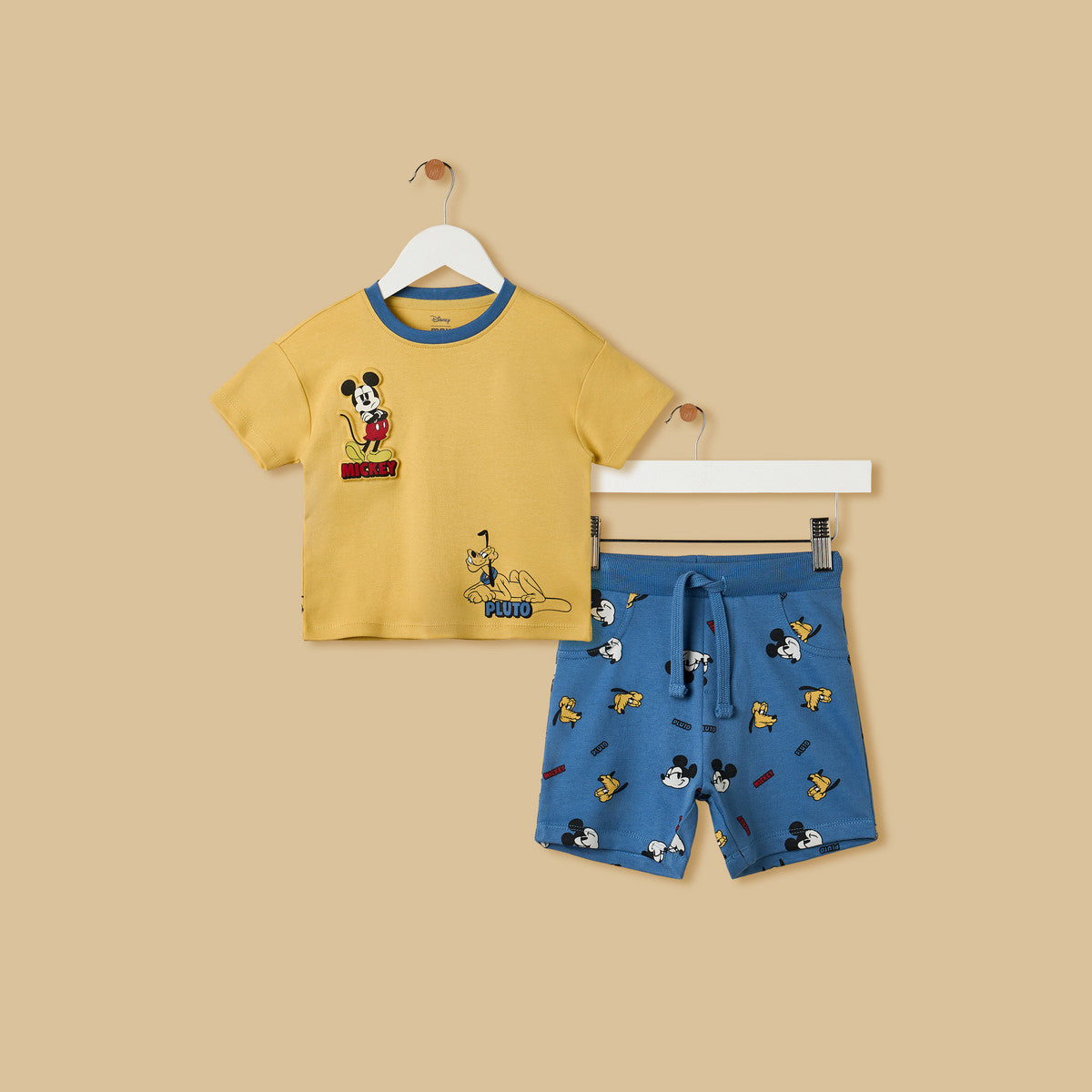 MAX-Mickey Mouse and Pluto Print Cotton T-shirt and Shorts Set