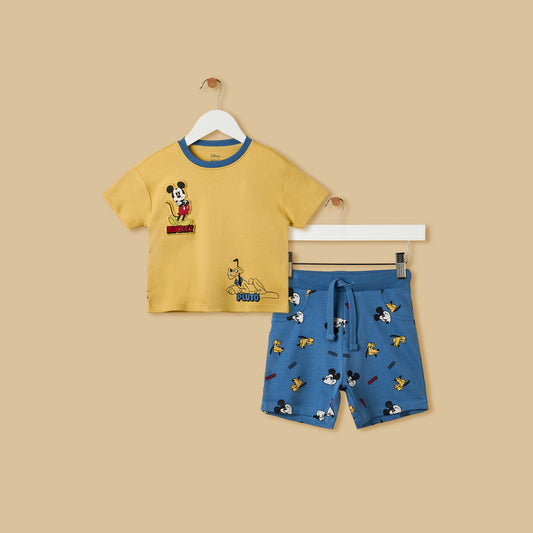 MAX-Mickey Mouse and Pluto Print Cotton T-shirt and Shorts Set