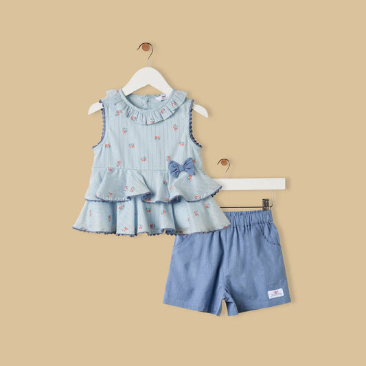 MAX-Floral Print Sleeveless Tiered Top and Shorts Set