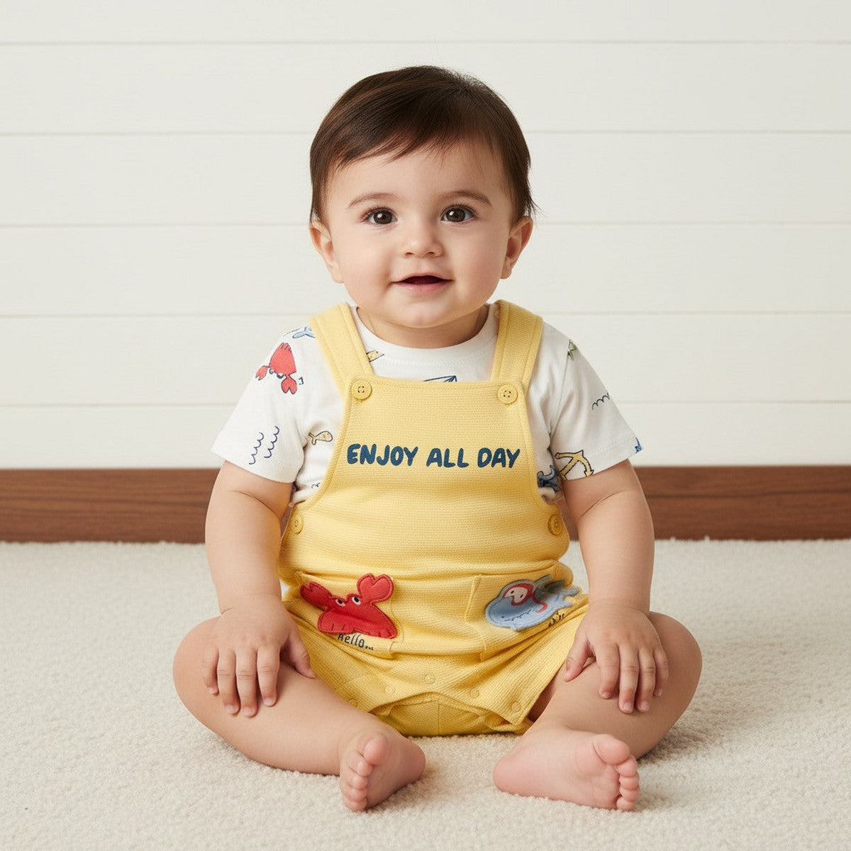 MAX-Aquatic 3D Pocket Applique Cotton Ottoman Dungaree and T-shirt Set