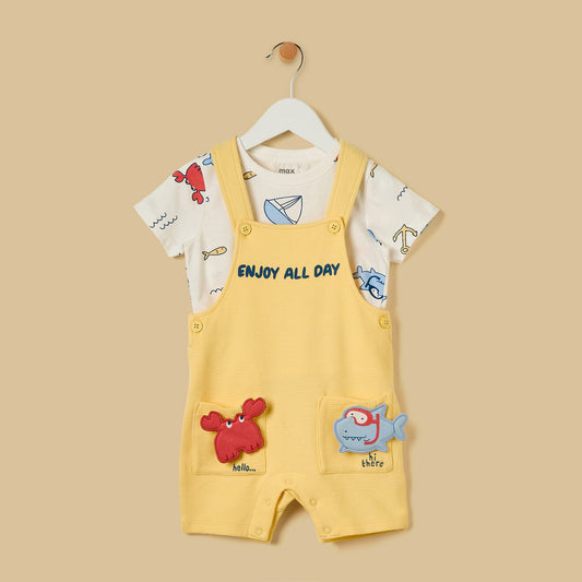 MAX-Aquatic 3D Pocket Applique Cotton Ottoman Dungaree and T-shirt Set