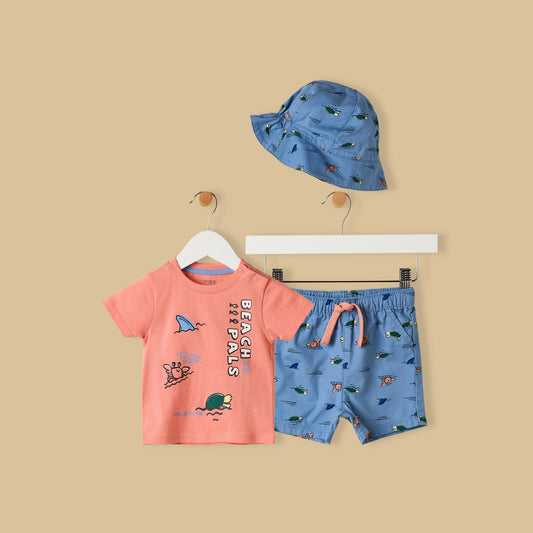 MAX-Beach Print Cotton T-shirt and Shorts Set with Hat