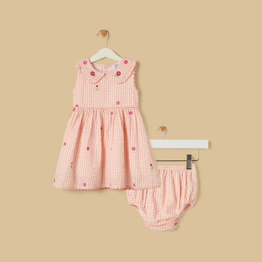 MAX-Seersucker Checked Dress with Bloomers
