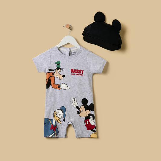 MAX-Mickey Mouse and Friends Print Cotton Romper with Cap