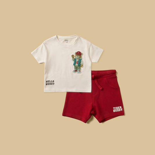 MAX-Tiger Embossed Cotton T-shirt with Shorts and Cap