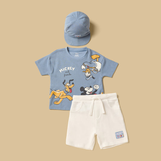MAX-Mickey Mouse and Friends Print Cotton T-shirt with Shorts and Cap Set