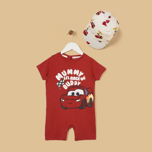 MAX-Lightning McQueen Print Cotton Romper with Cap