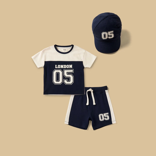 MAX-Varsity Print Pique Cotton T-shirt with Shorts and Cap