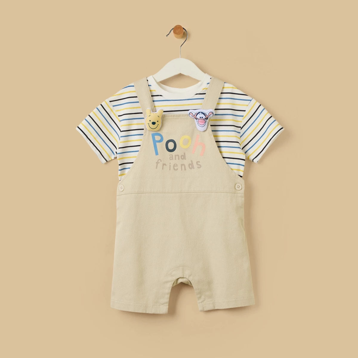 MAX-Winnie the Pooh Print Dungaree and Striped T-shirt Set