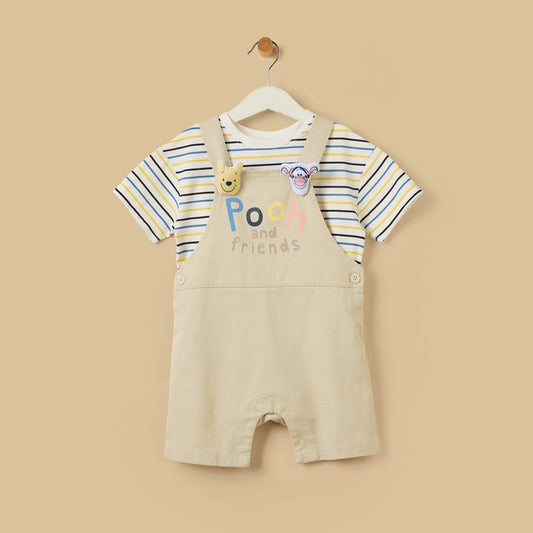 MAX-Winnie the Pooh Print Dungaree and Striped T-shirt Set