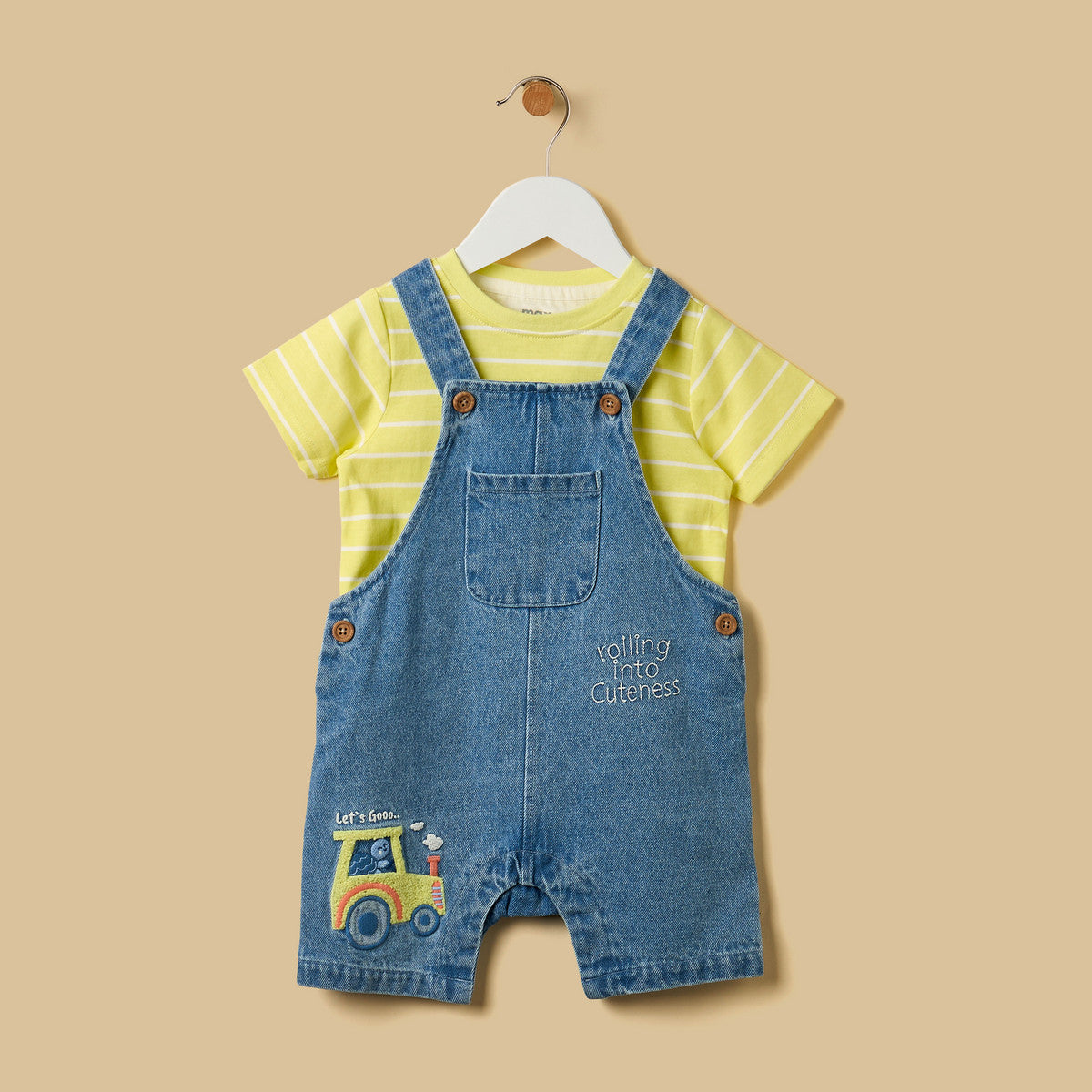 MAX-Striped T-shirt and Embroidered Dungaree Set