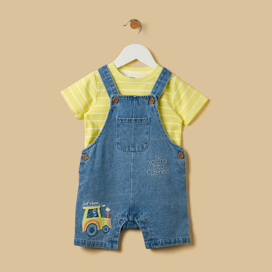 MAX-Striped T-shirt and Embroidered Dungaree Set