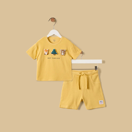 MAX-Textured 3D Applique Cotton T-shirt and Shorts Set