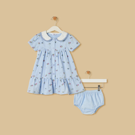 MAX-Seersucked Printed Cotton Dress with Bloomers