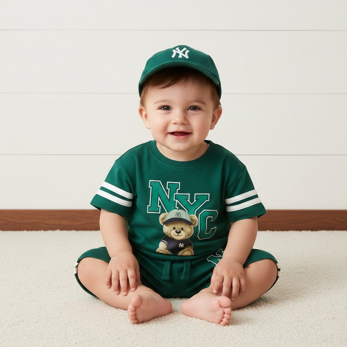 MAX-Bear Print Cotton T-shirt with Shorts and Cap Set